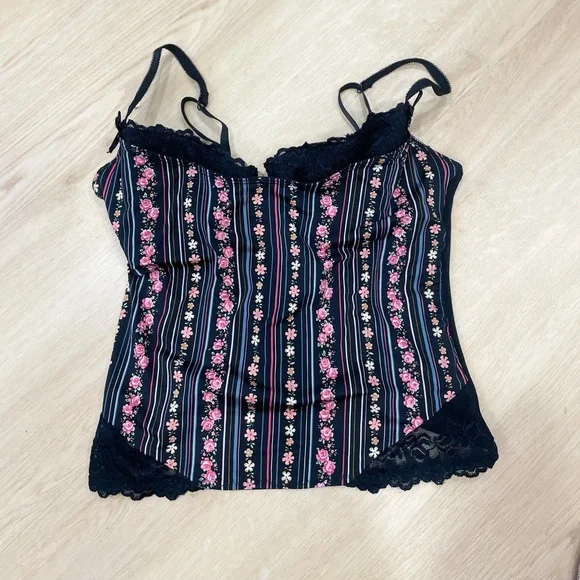 Sophie B. Y2K black with pink floral print and mixed lace corset top size Large - Picture 2 of 8
